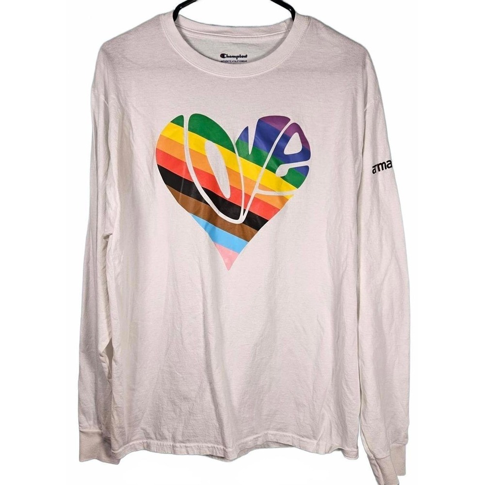 Champion Womens White Pride Rainbow Heart Love Long Sleeve Graphic Tee Large